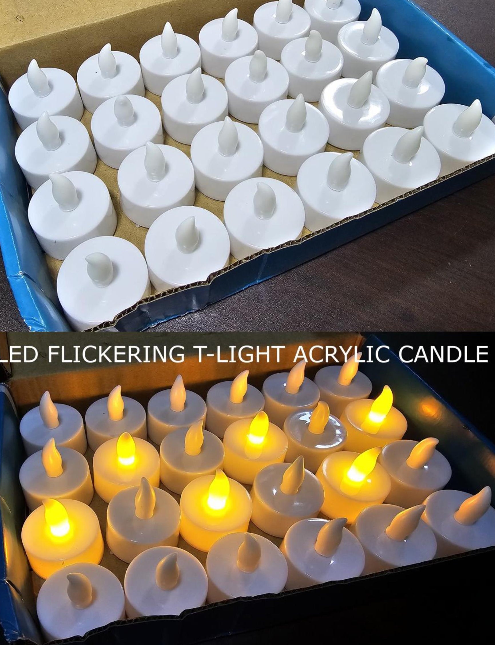 Acrylic tea light flickering candles with a box in the background Ginni Bloom Mumbai India