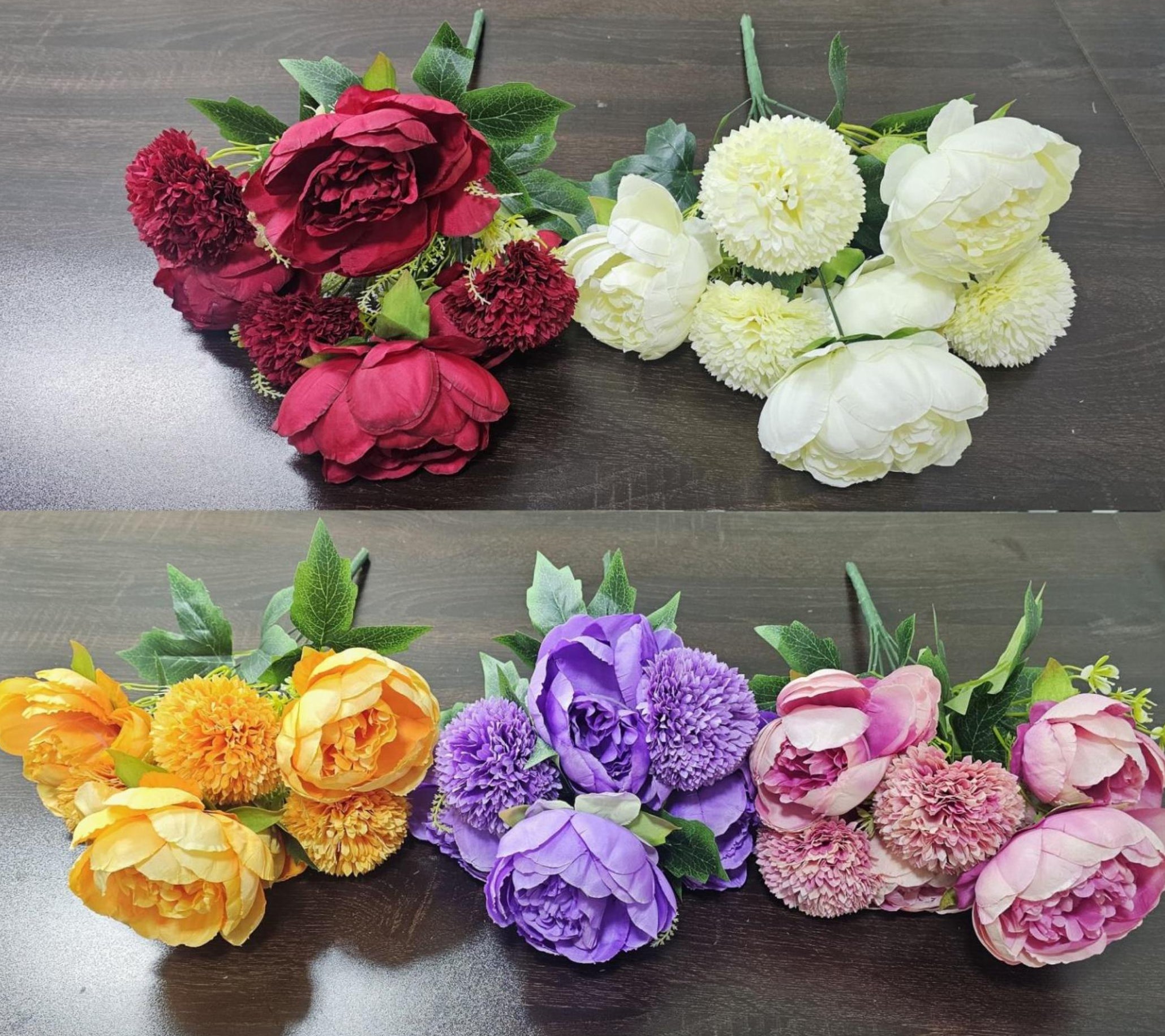 Artificial Ball Mum + Peony Mix Fillers Bunch x 7 (7 stick, 7 flowers)