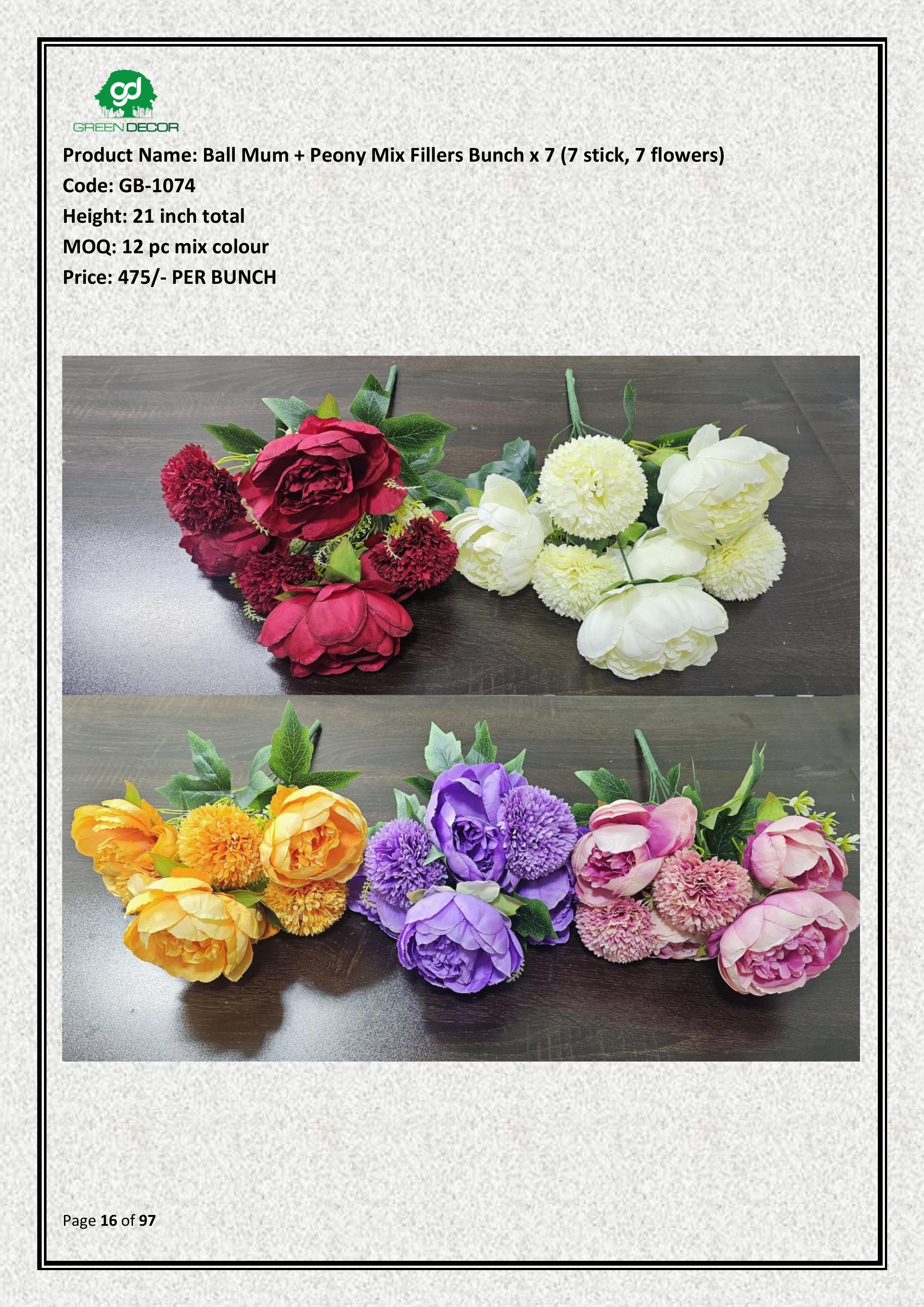 Artificial Ball Mum + Peony Mix Fillers Bunch x 7 (7 stick, 7 flowers)