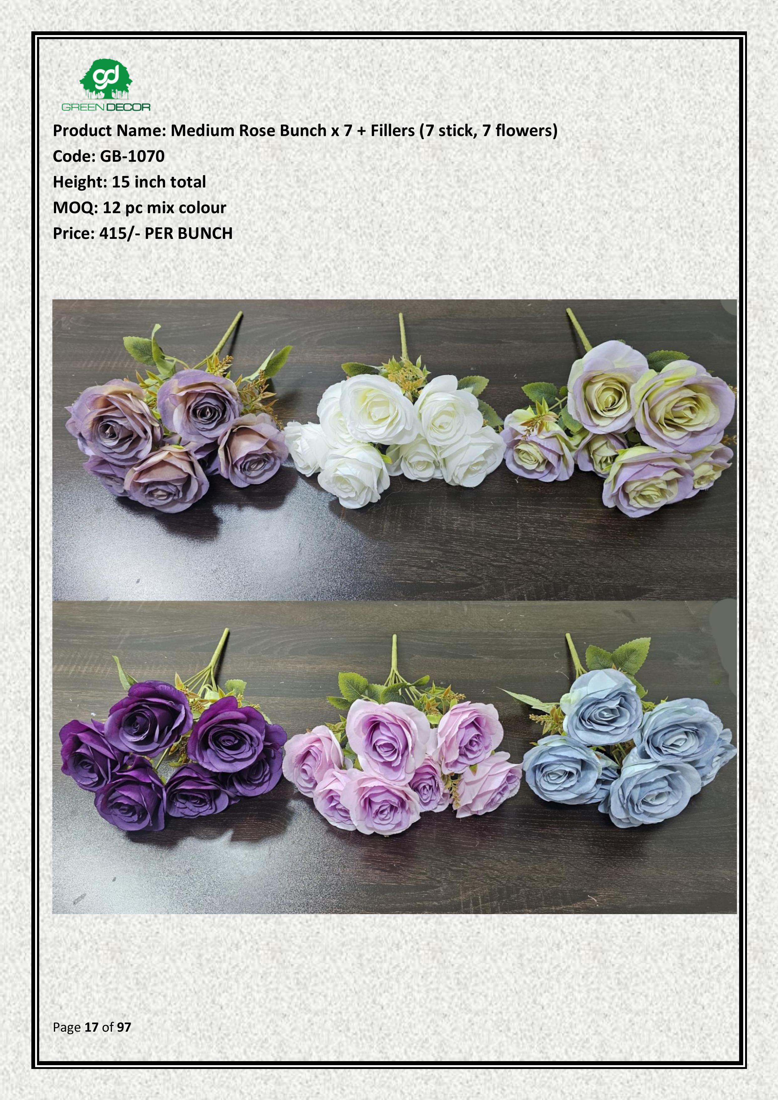 Artificial Medium Rose Bunch x 7 + Fillers (7 stick, 7 flowers)