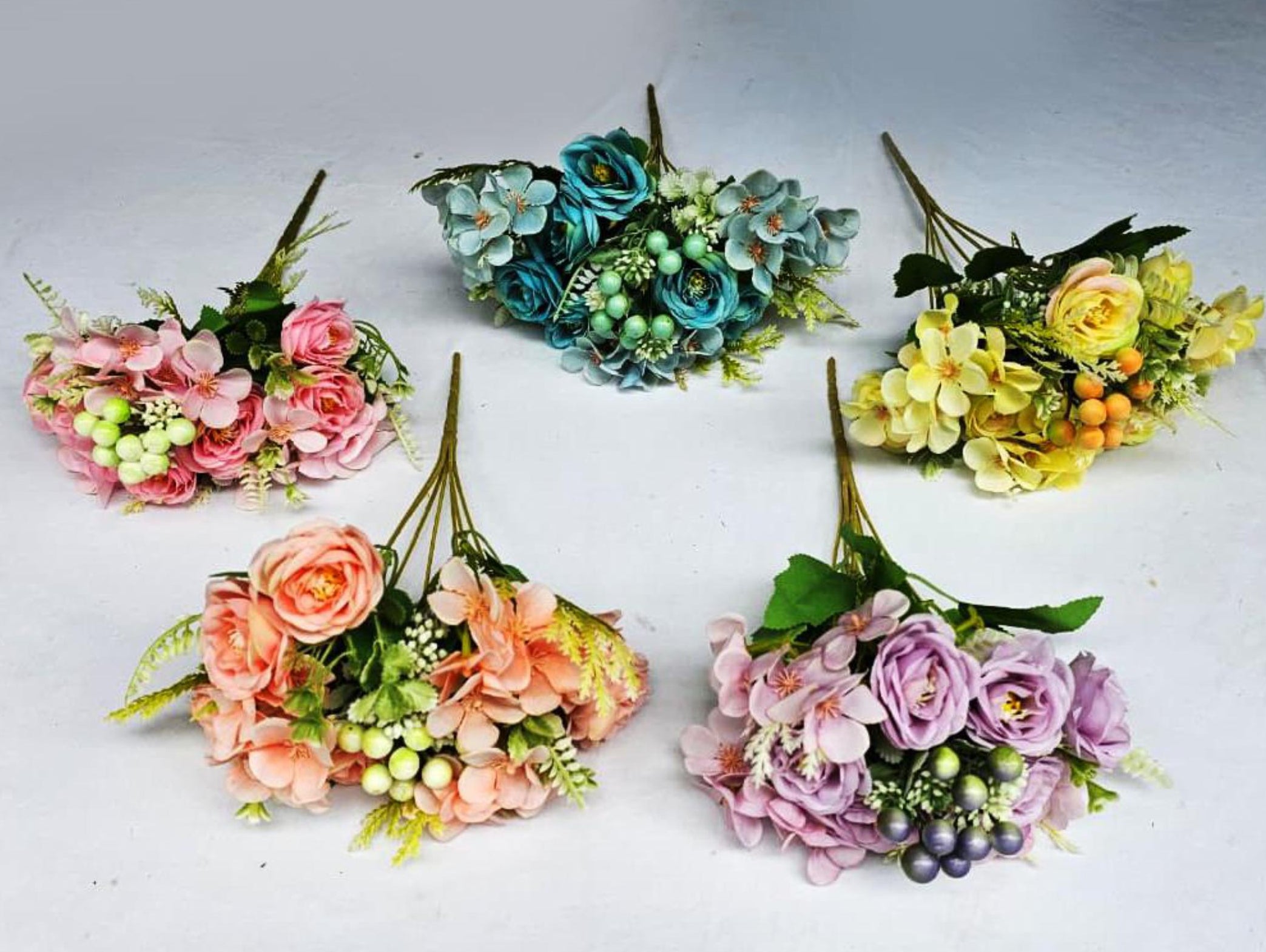 Artificial Rose+ Hydrangea + Berries Bunch (7 stick, 9 flowers, berries)