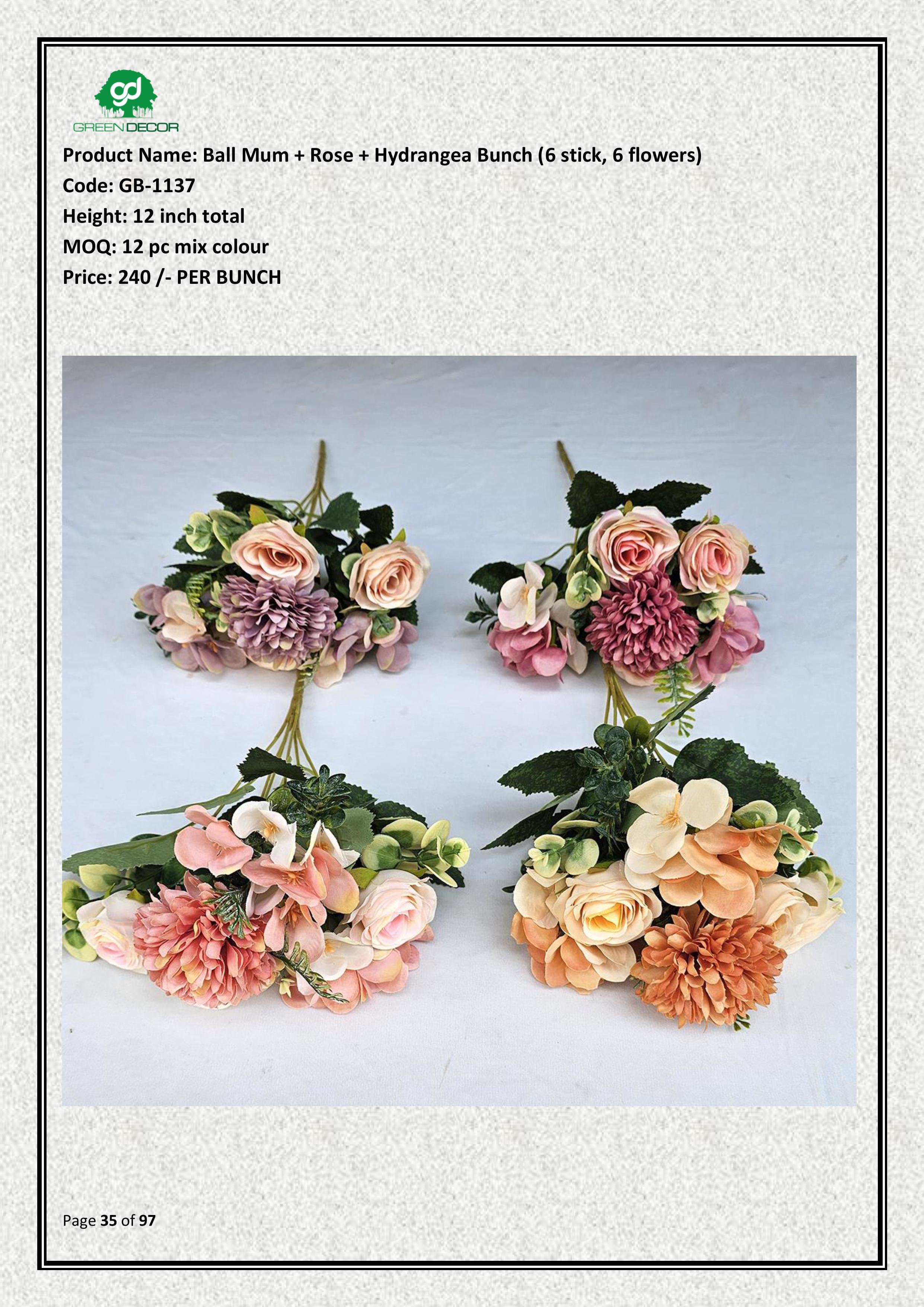 Artificial Ball Mum + Rose + Hydrangea Bunch (6 stick, 6 flowers)