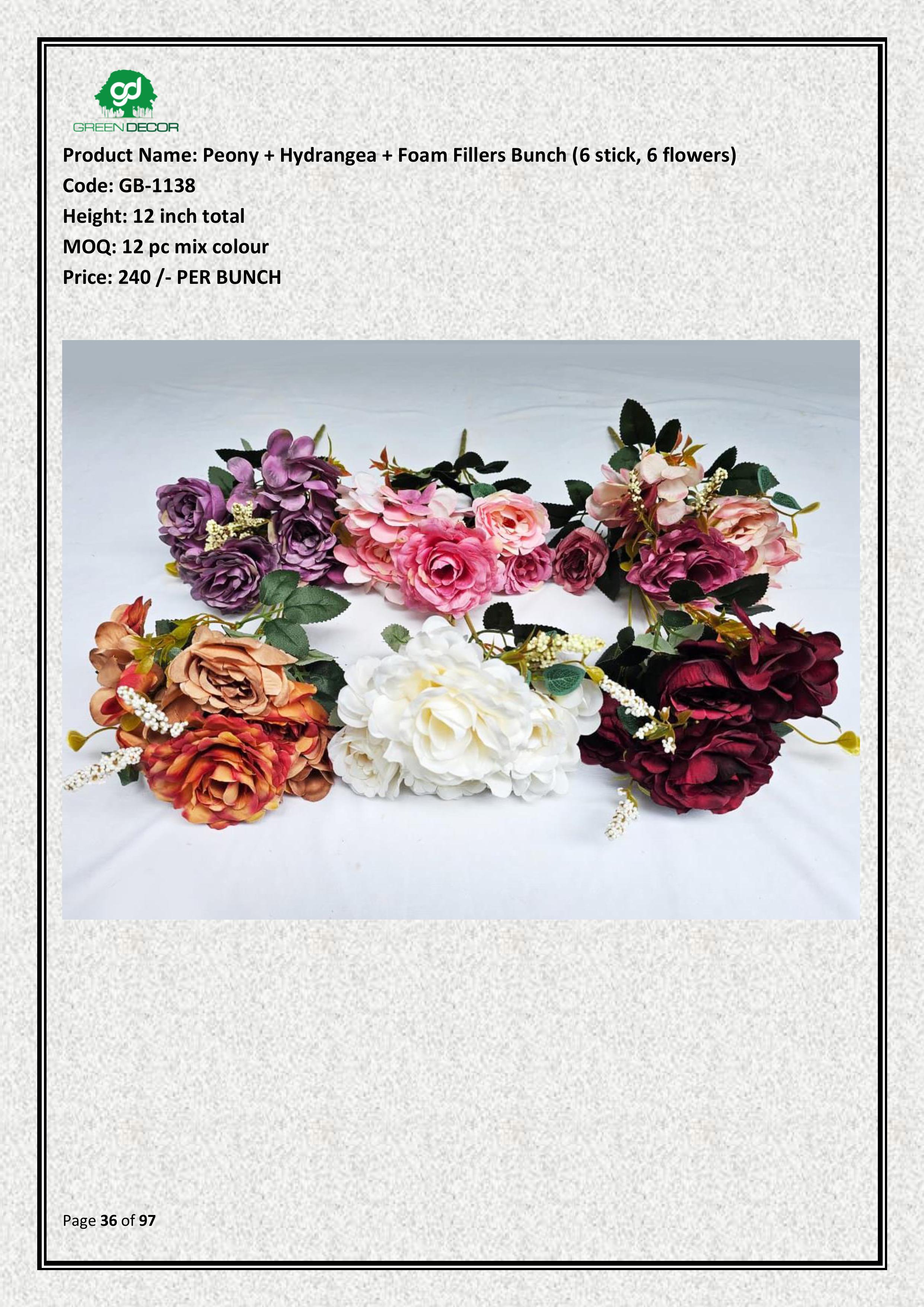 Artificial Peony + Hydrangea + Foam Fillers Bunch (6 stick, 6 flowers)