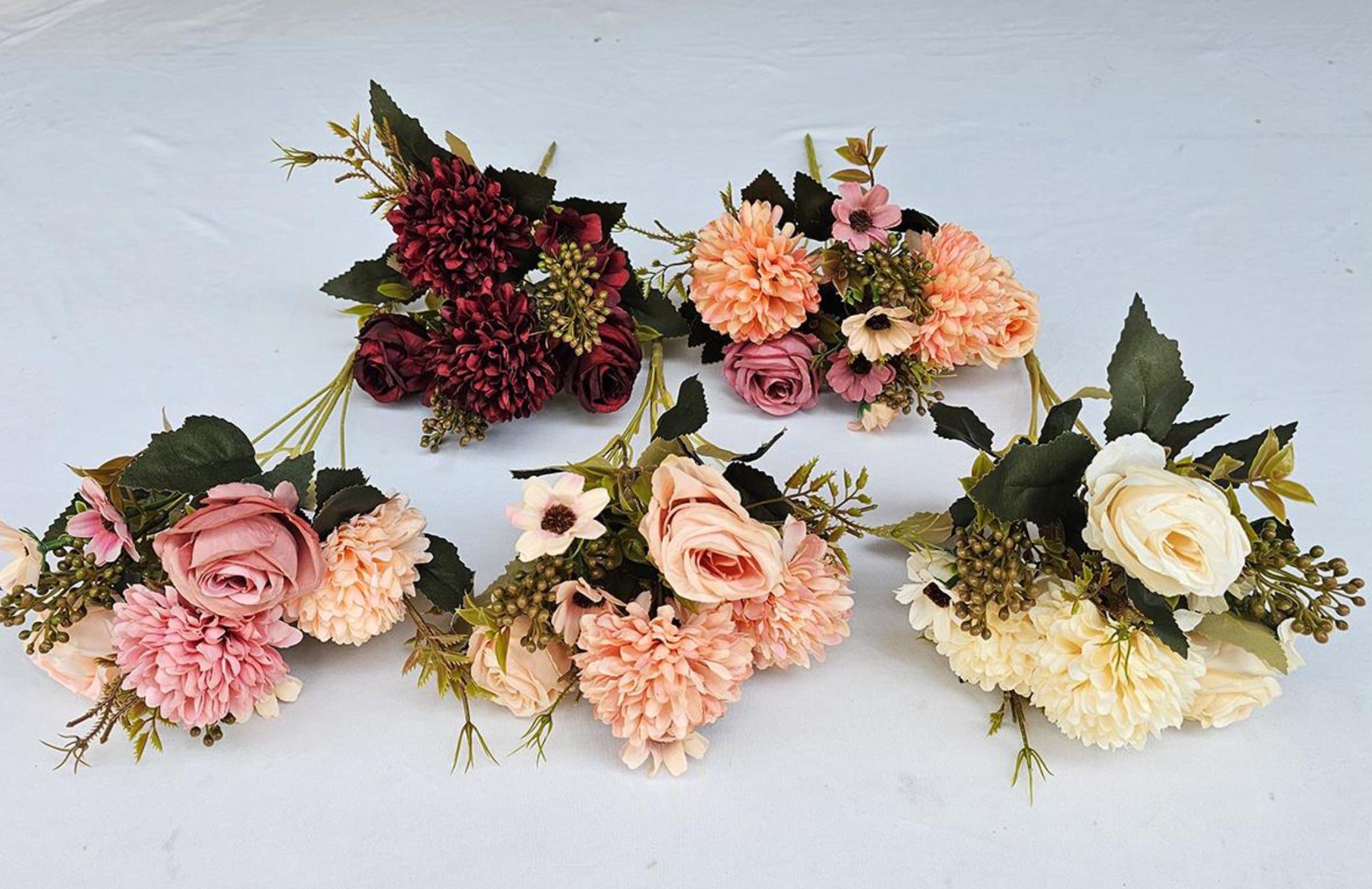 Artificial Ball Mum + Rose + Daisy Bunch (6 stick, 4 flowers + 2 berries)