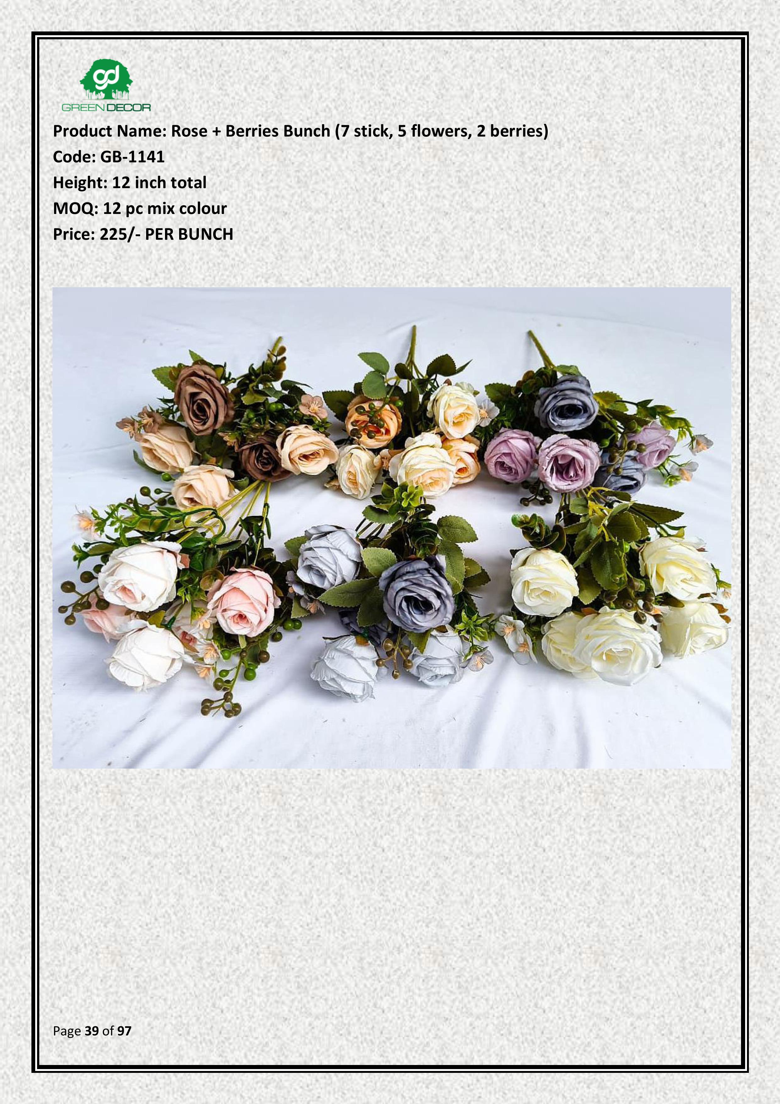 Artificial Rose + Berries Bunch (7 stick, 5 flowers, 2 berries)