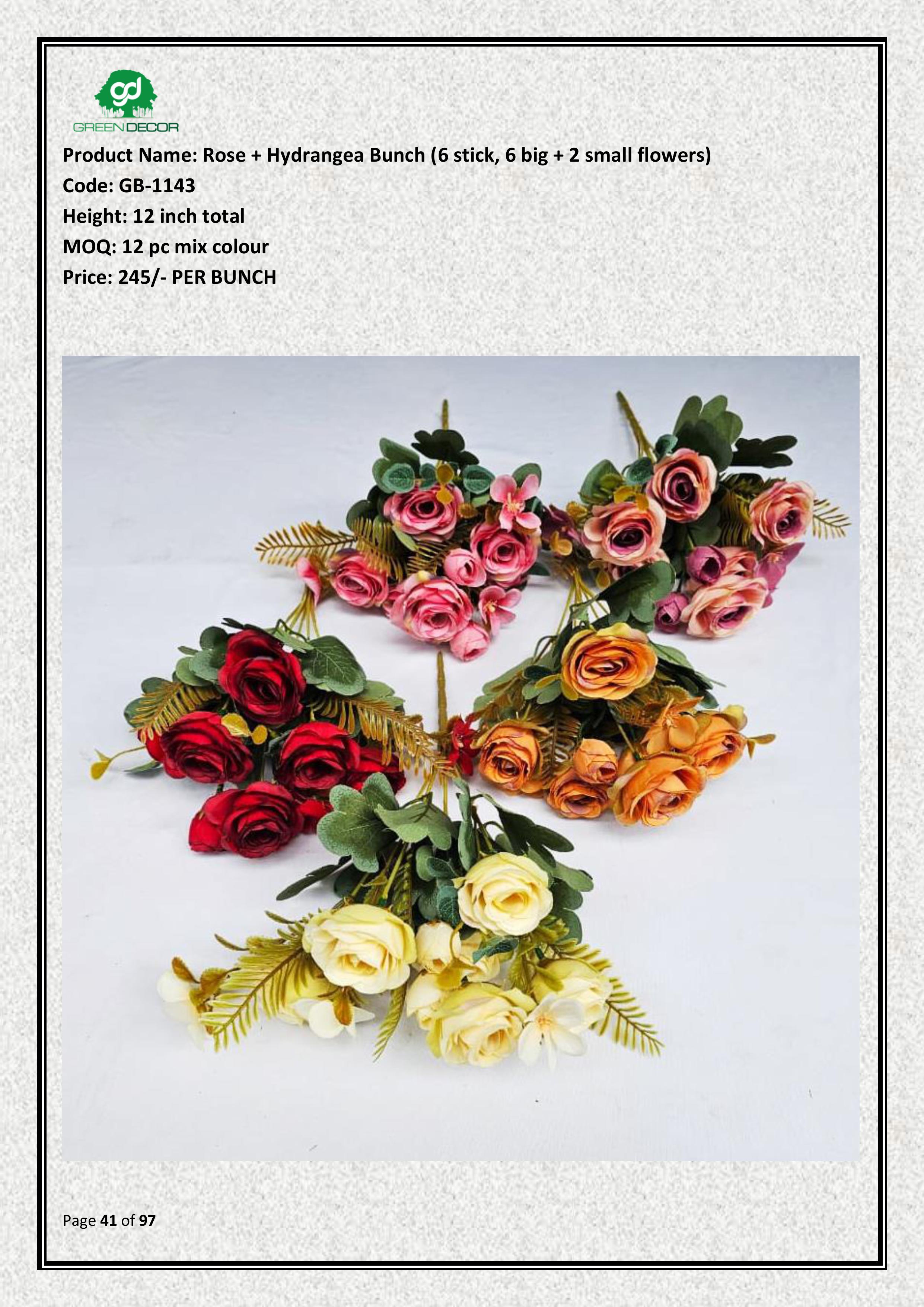 Artificial Rose + Hydrangea Bunch (6 stick, 6 big + 2 small flowers)