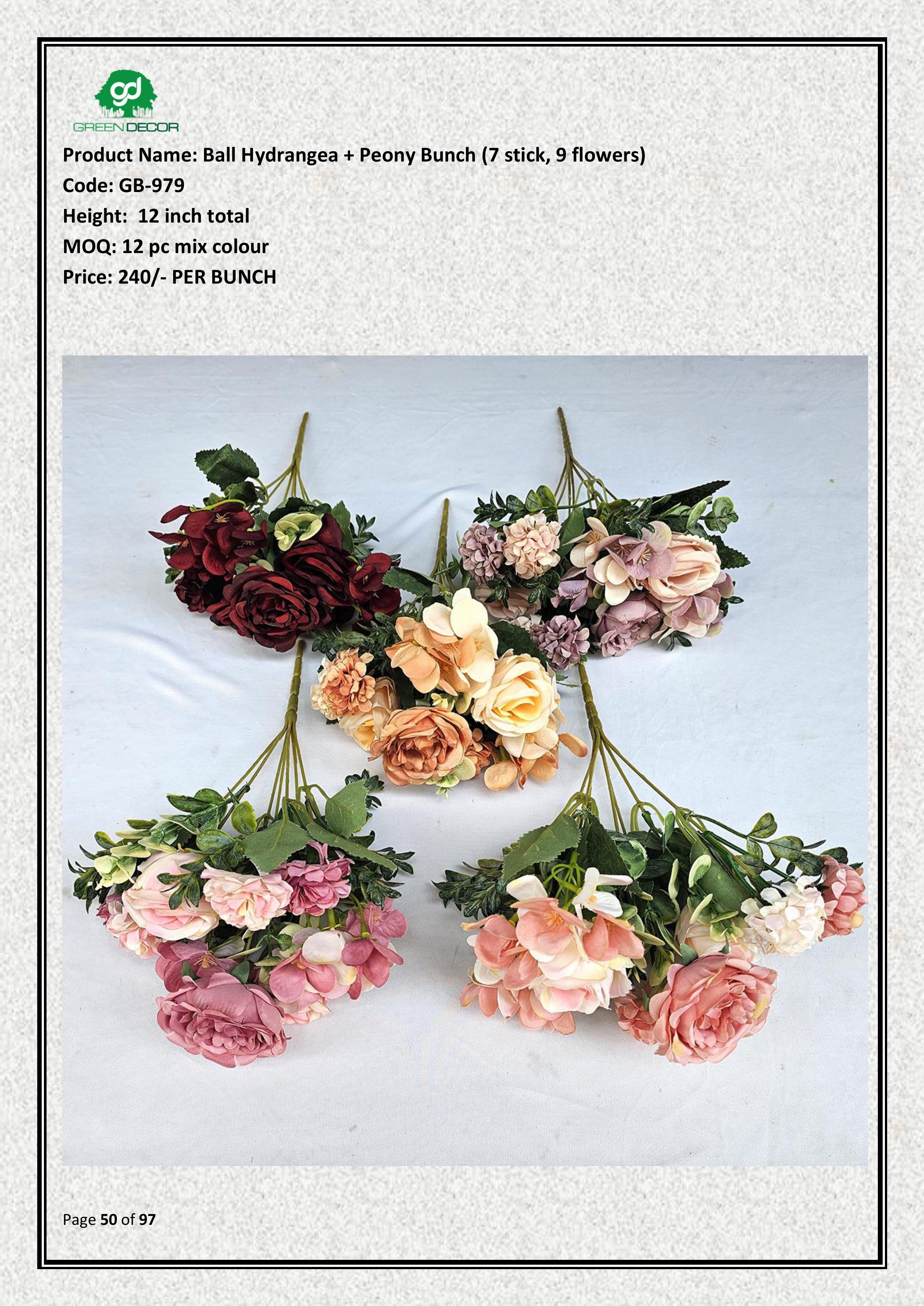 Artificial Ball Hydrangea + Peony Bunch (7 stick, 9 flowers)