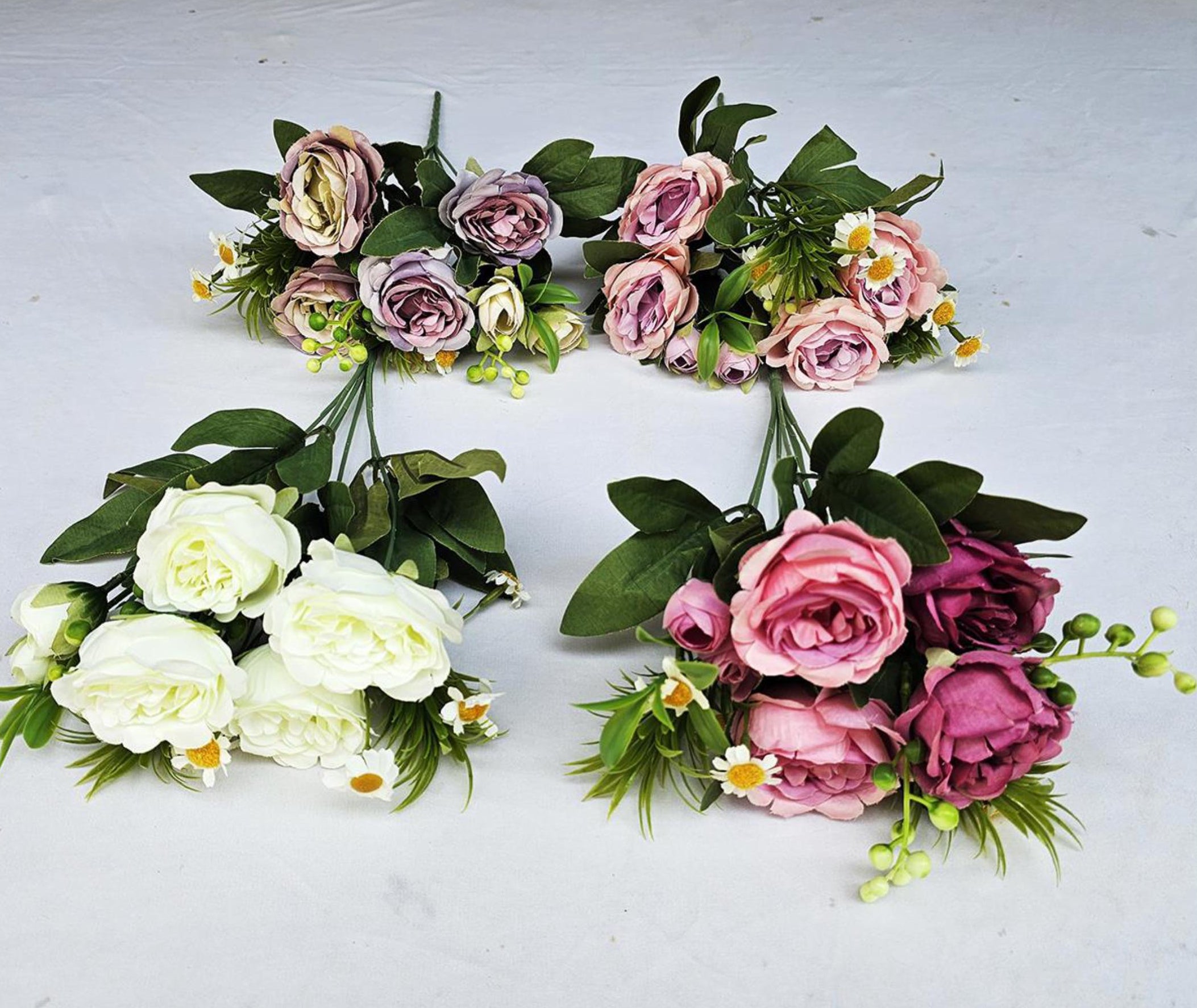 Artificial Peony + White Daisy Bunch (7 stick, 4 big + 4 small flowers + Berries)