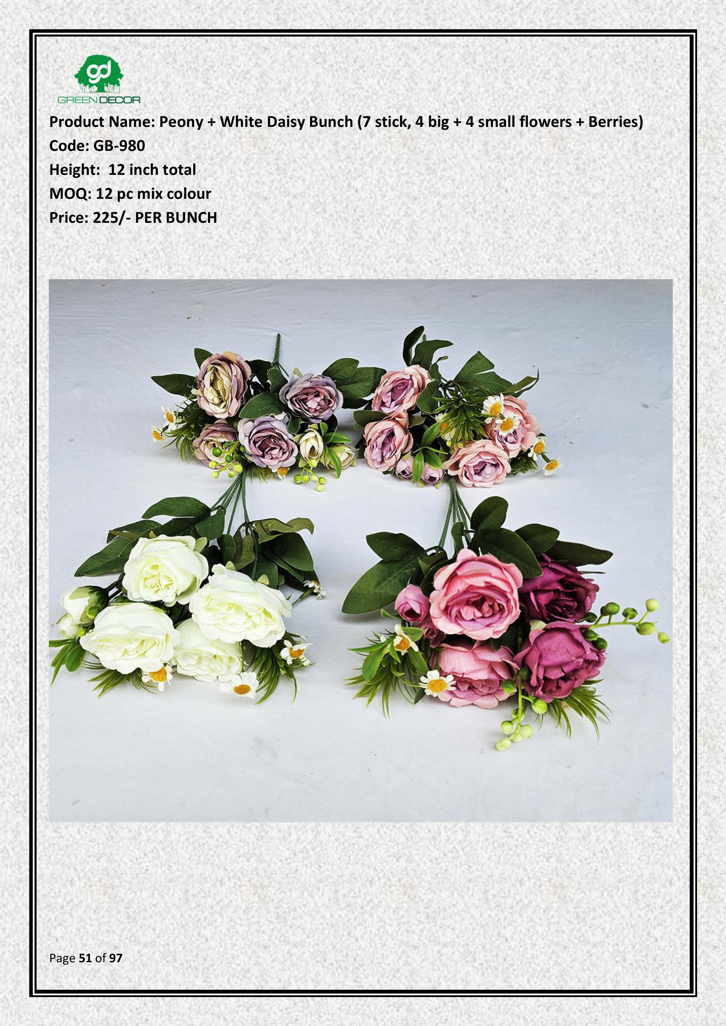 Artificial Peony + White Daisy Bunch (7 stick, 4 big + 4 small flowers + Berries)