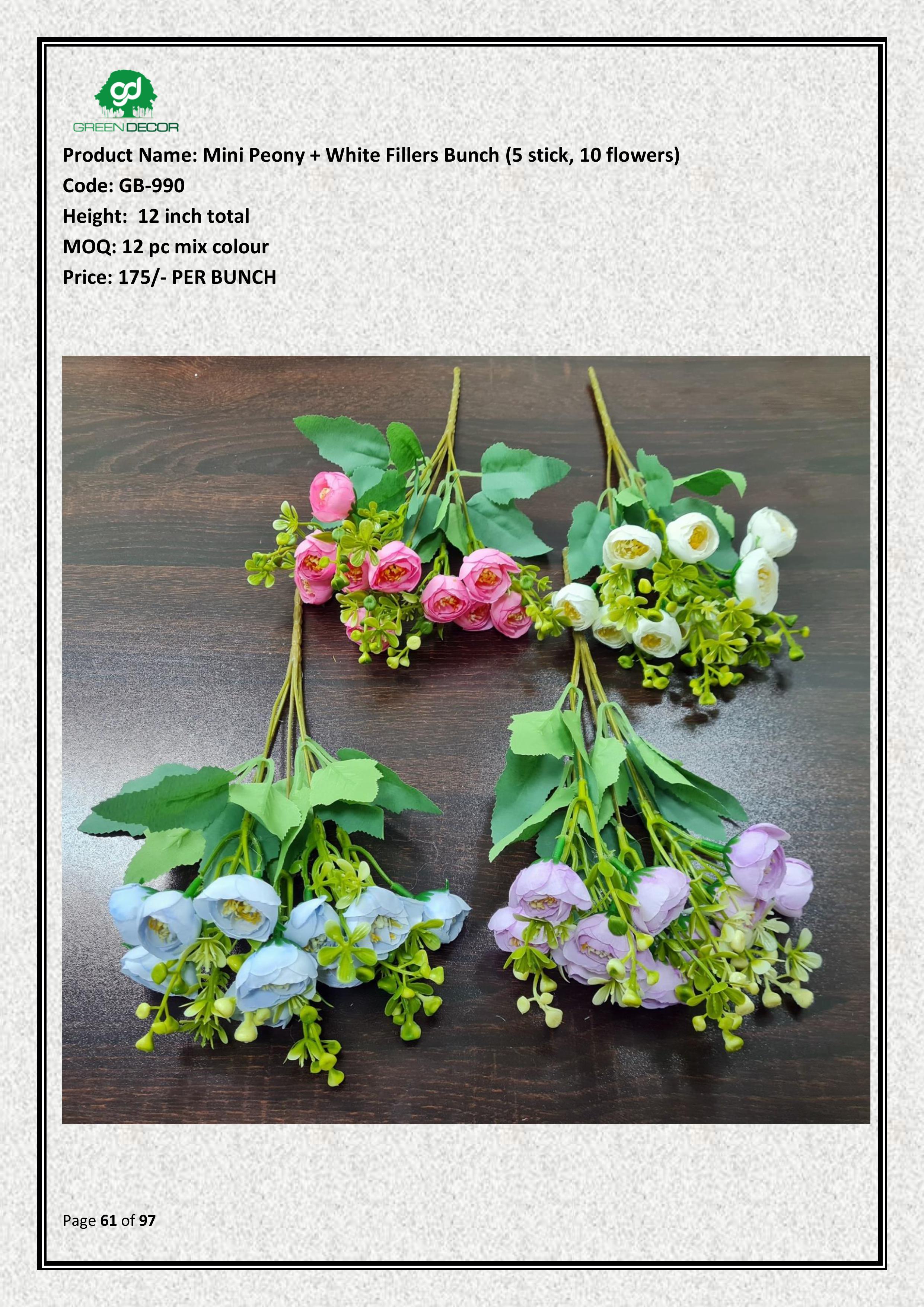 Artificial Mini Peony + White Fillers Bunch (5 stick, 10 flowers)