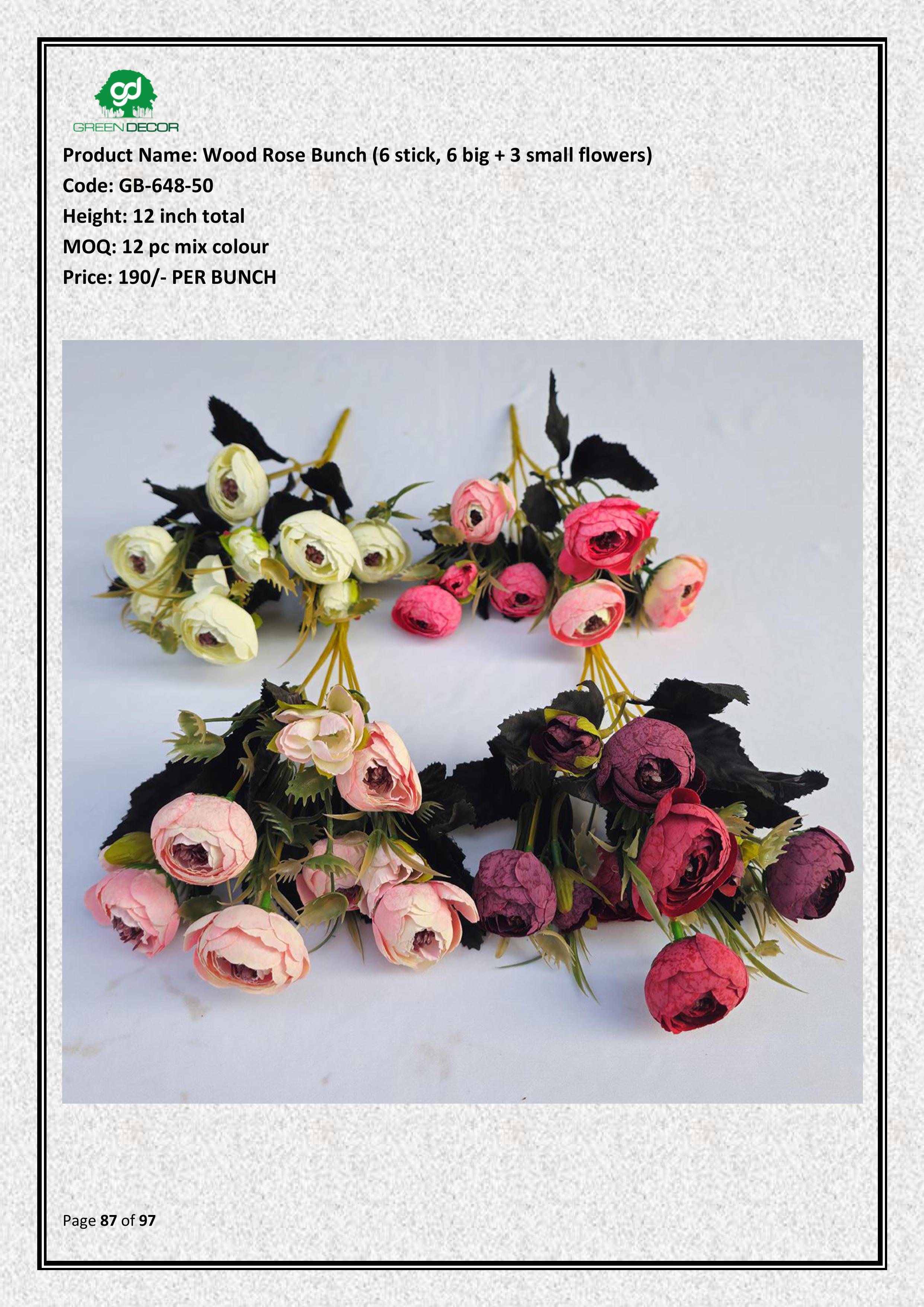 Artificial Wood Rose Bunch (6 stick, 6 big + 3 small flowers)