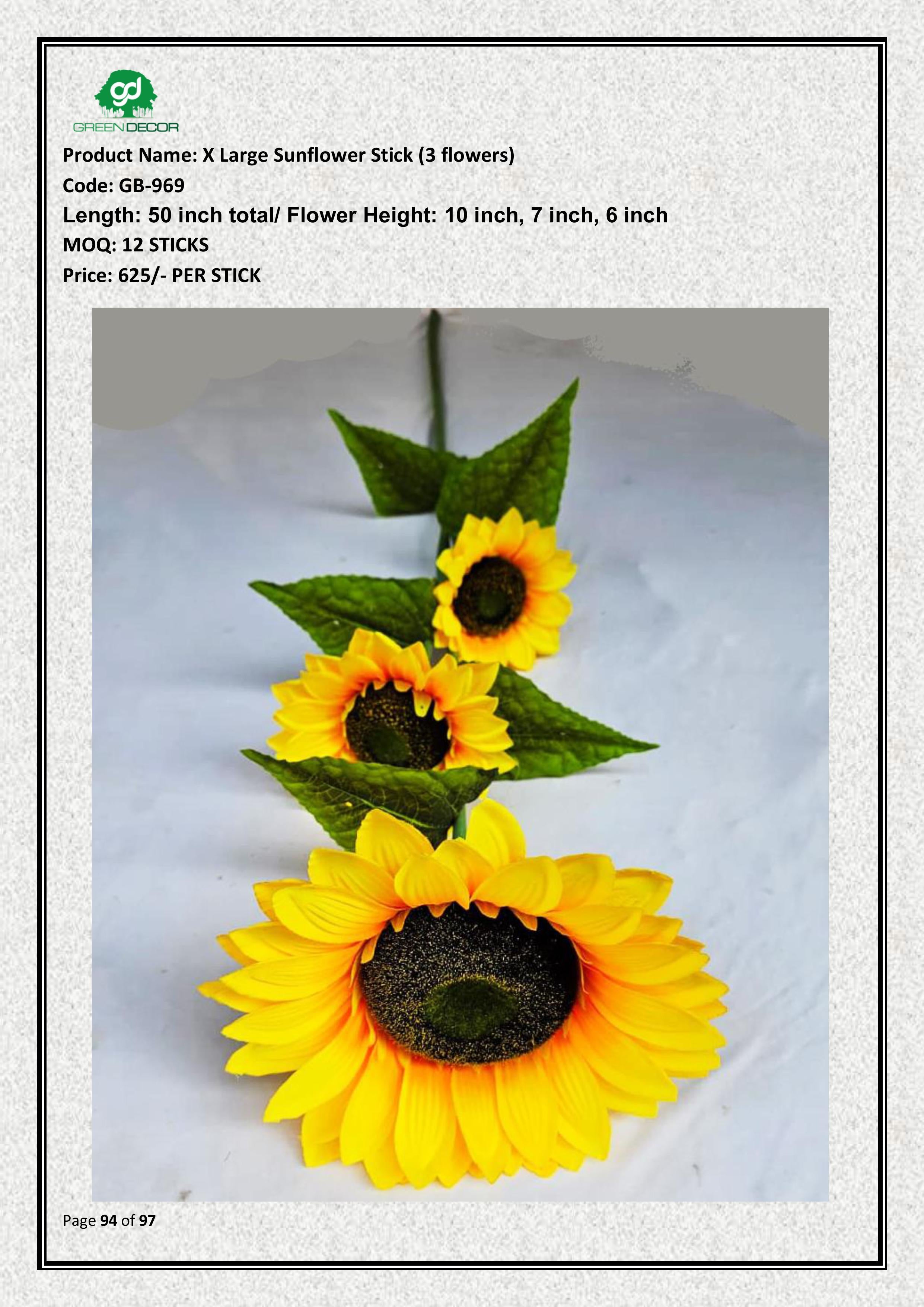 Artificial Realistic Looking X Large Sunflower Stick (3 flowers)