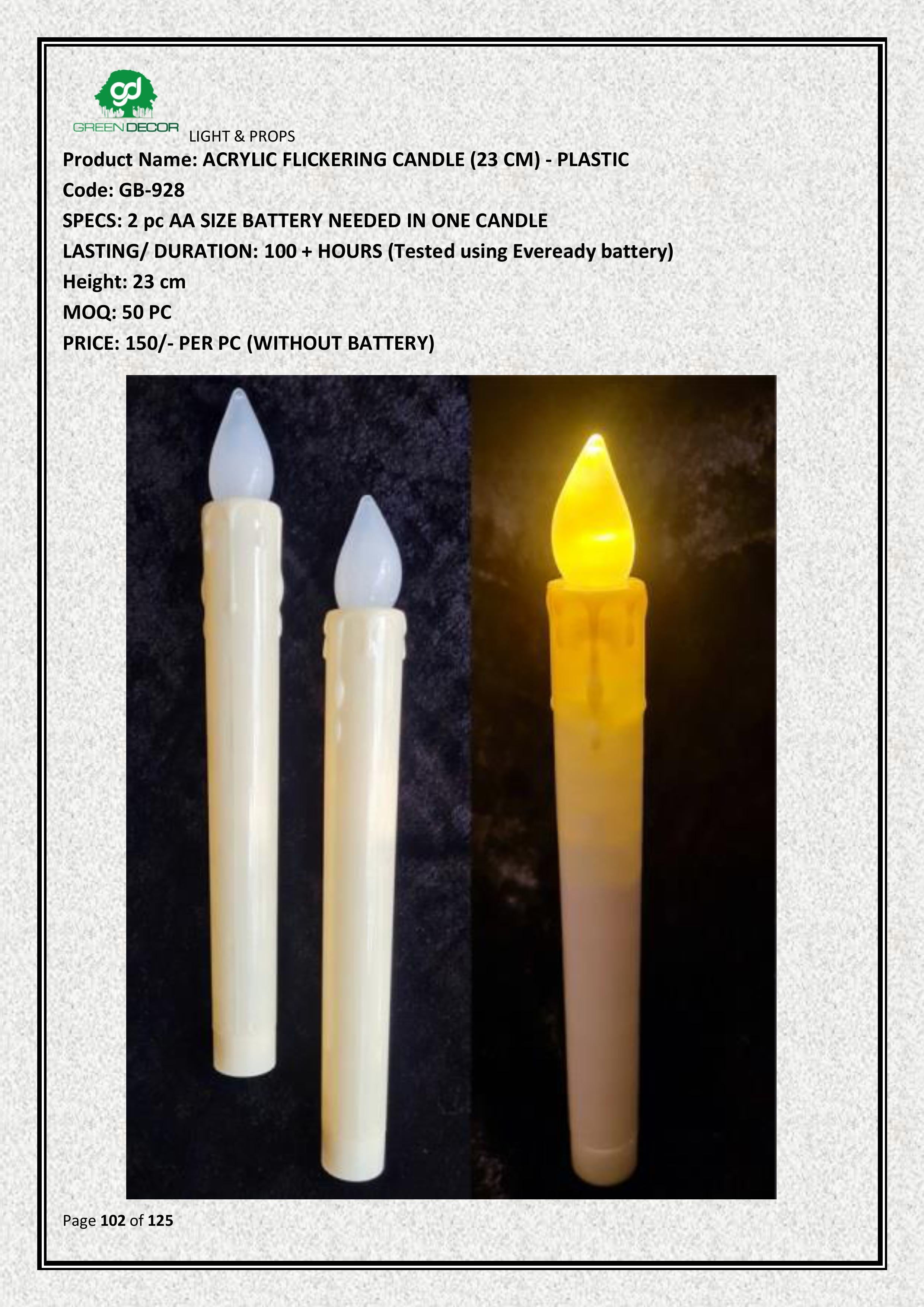 ACRYLIC FLICKERING CANDLE (23 CM) - PLASTIC