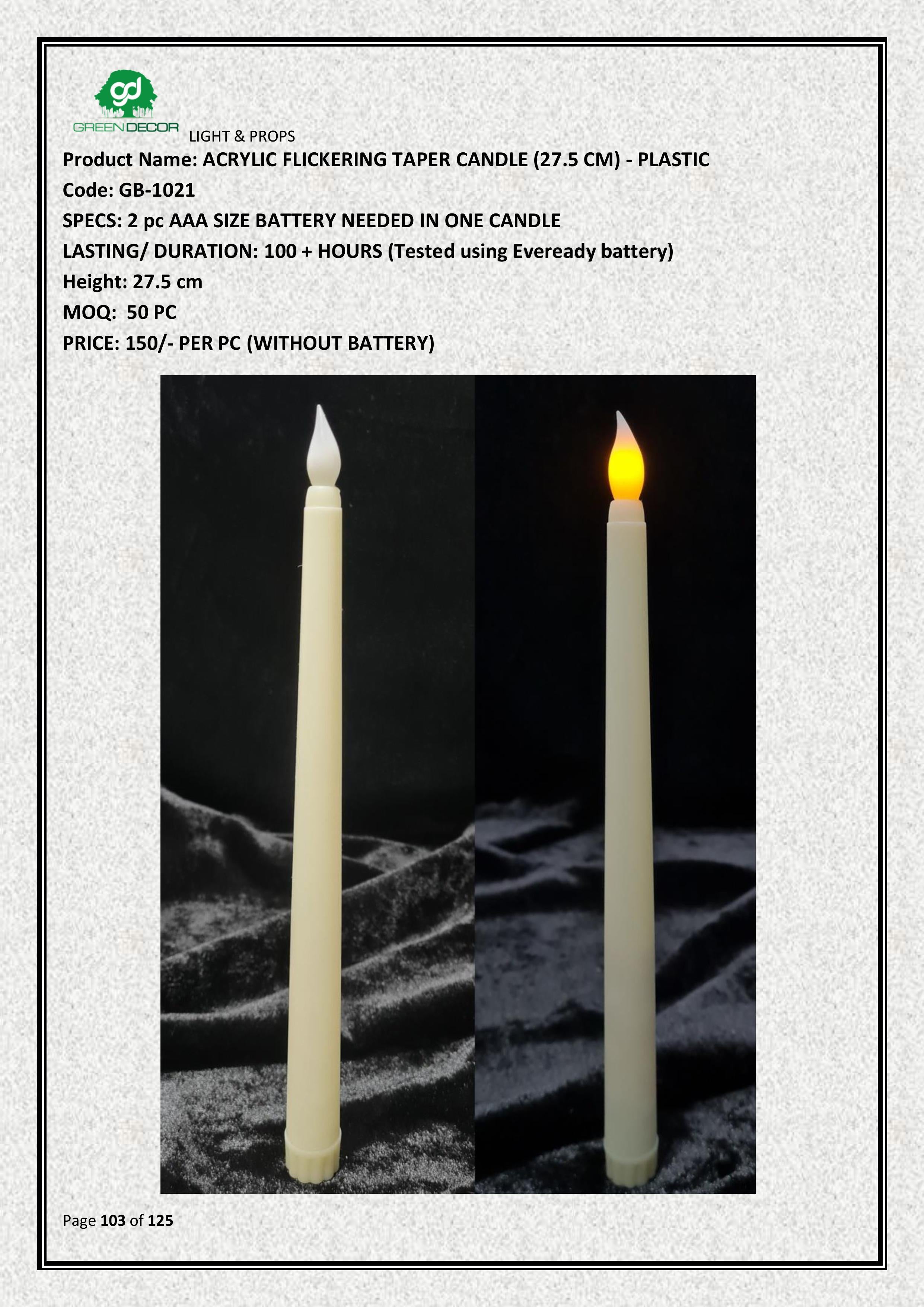 ACRYLIC FLICKERING TAPER CANDLE (27.5 CM) - PLASTIC