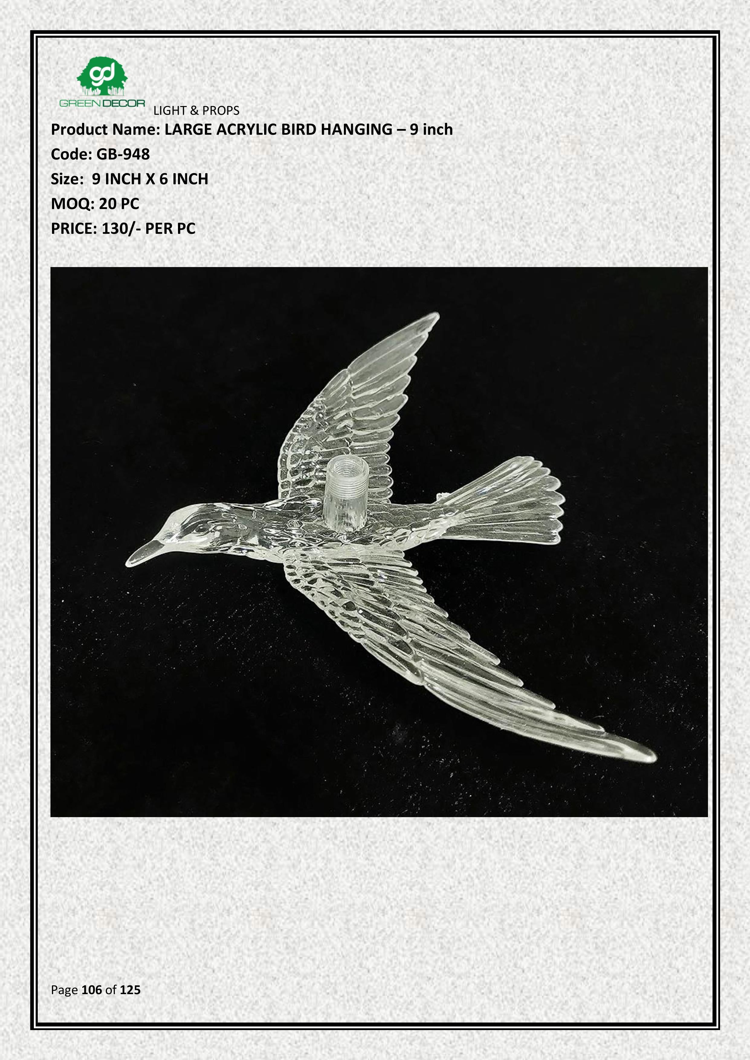 LARGE ACRYLIC BIRD HANGING – 9 inch