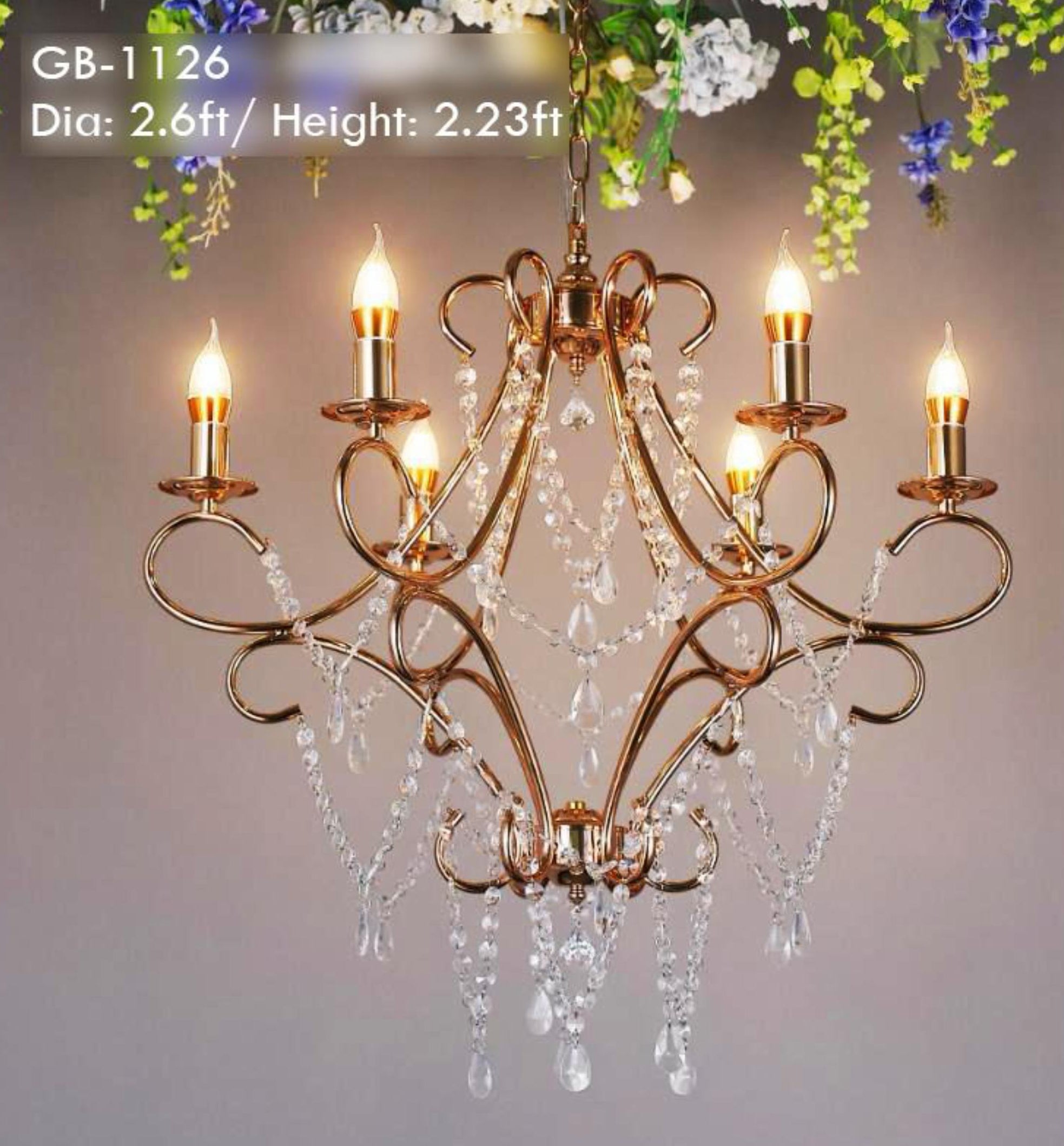METAL CHANDELIER – 6 BULBS (ACRYLIC CRYSTAL)