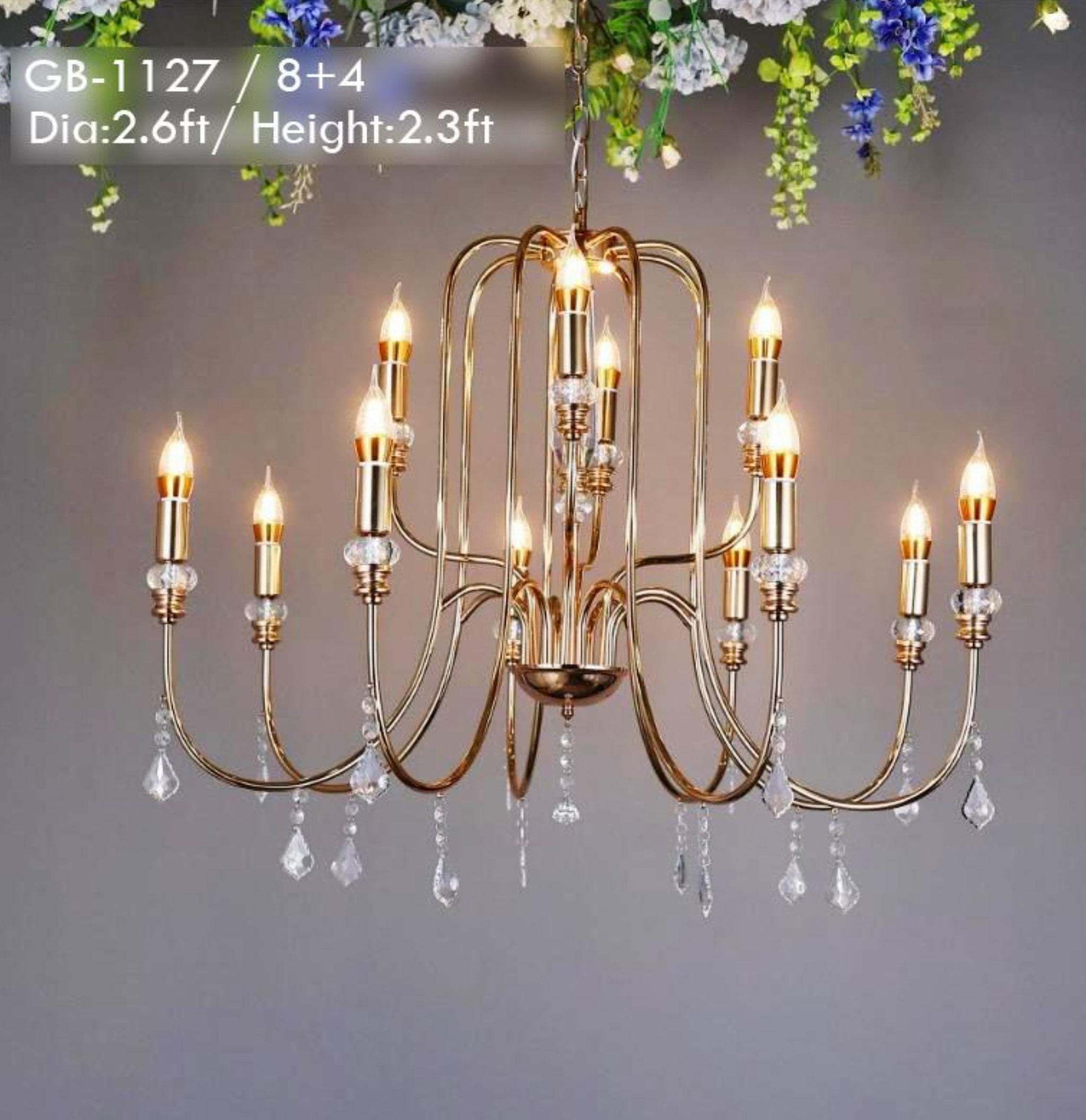 METAL CHANDELIER – 8+4 BULBS (ACRYLIC CRYSTAL)