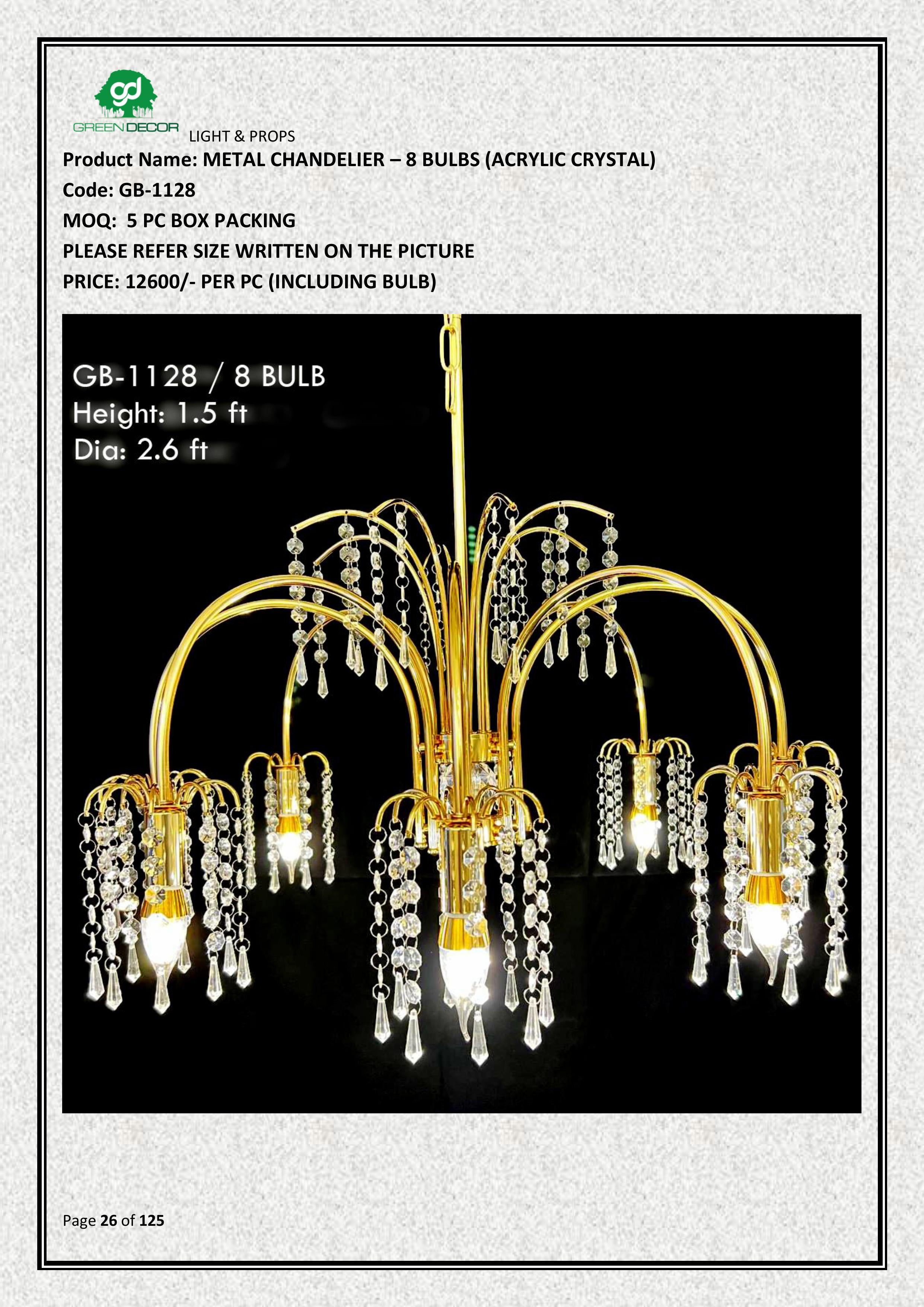 METAL CHANDELIER – 8 BULBS (ACRYLIC CRYSTAL)