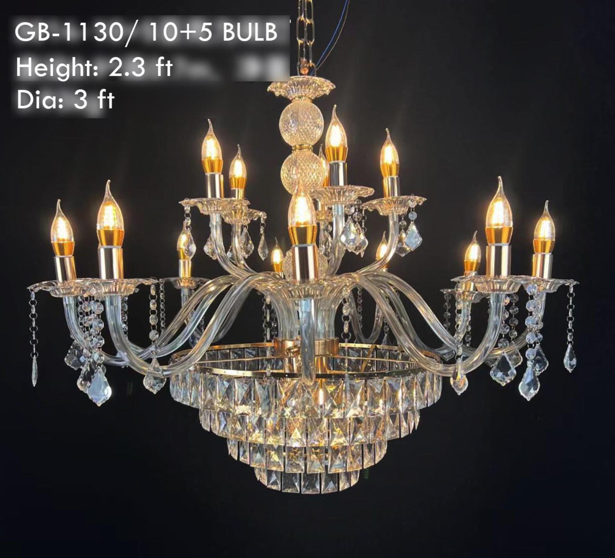 METAL CHANDELIER – 10+5 BULBS (ACRYLIC CRYSTAL)