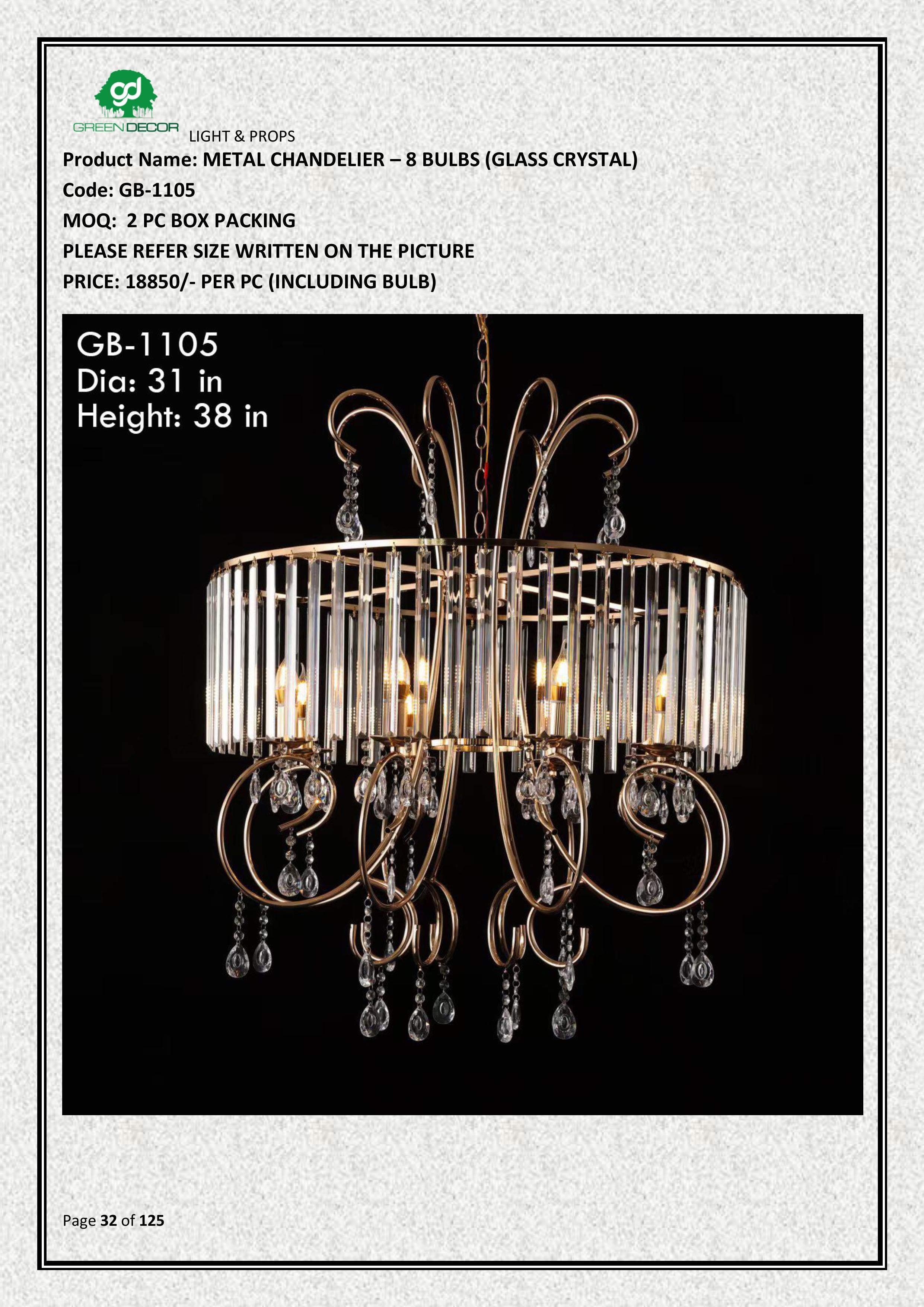 METAL CHANDELIER – 8 BULBS (GLASS CRYSTAL)