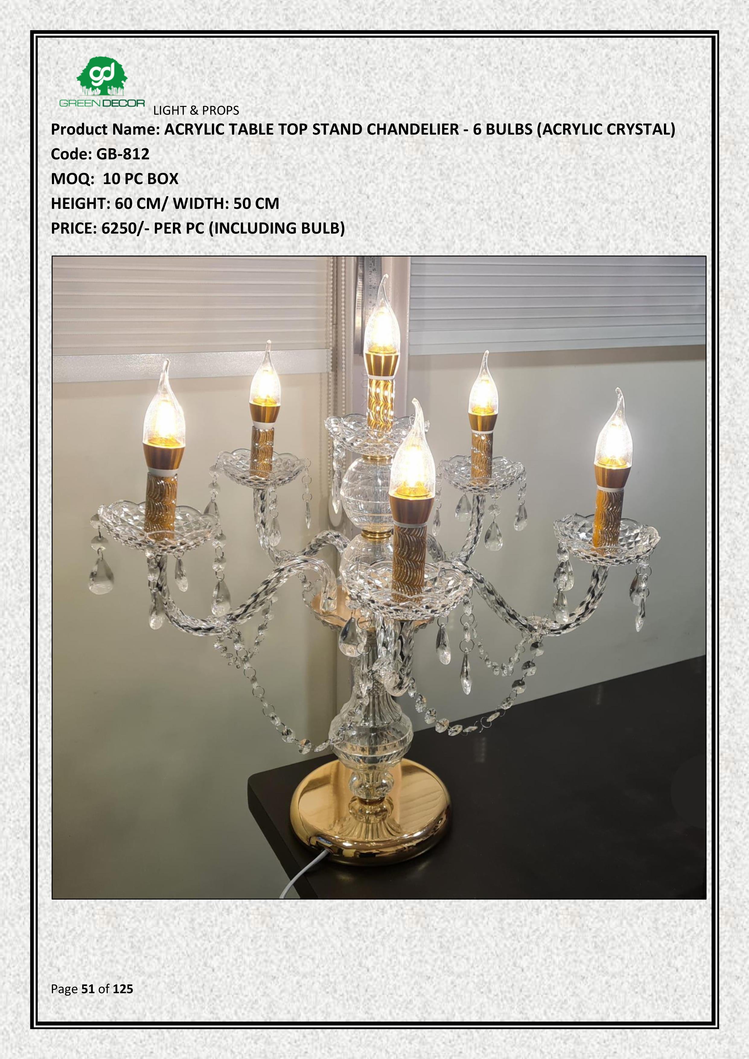 ACRYLIC TABLE TOP STAND CHANDELIER - 6 BULBS (ACRYLIC CRYSTAL)