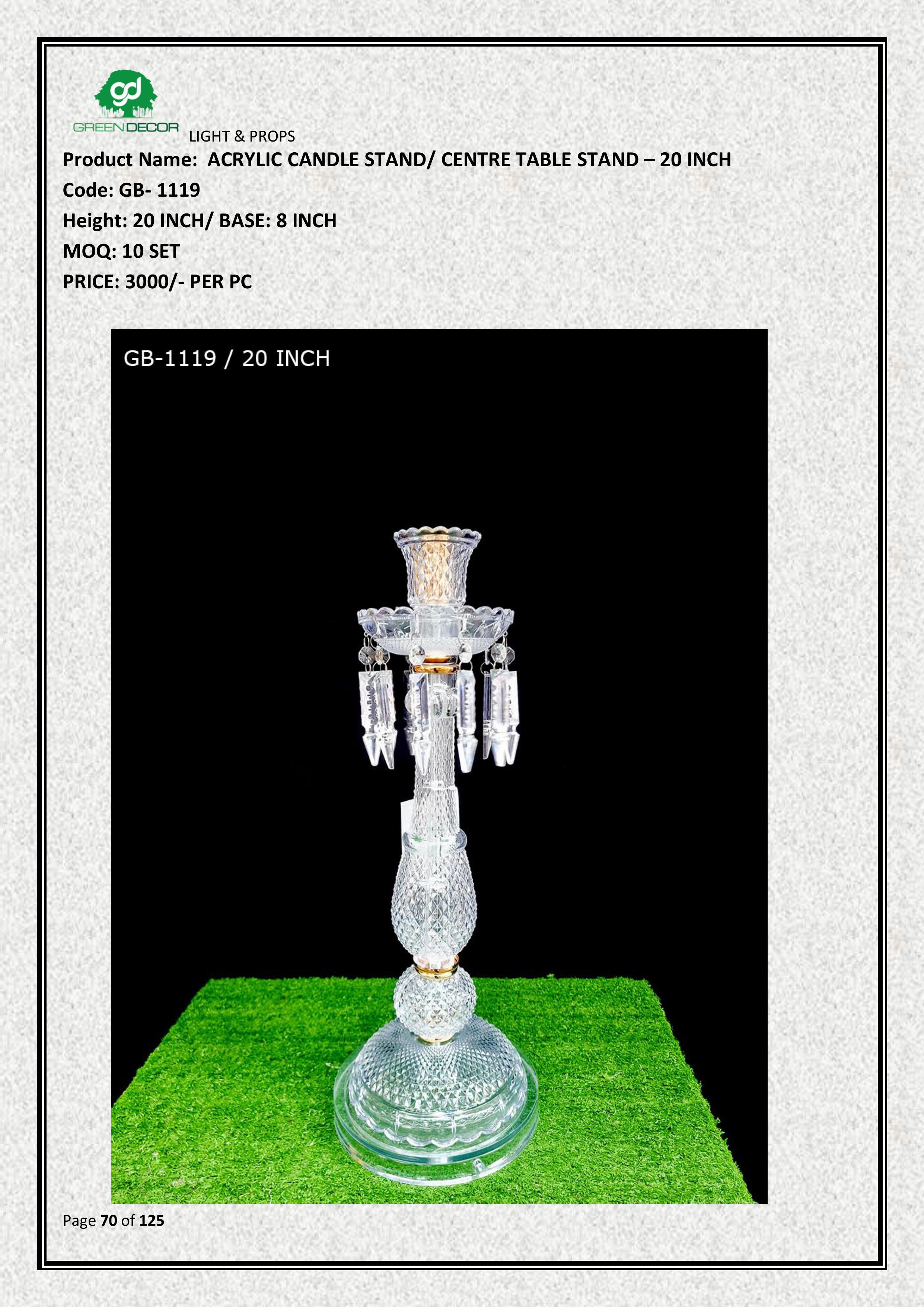 ACRYLIC CANDLE STAND/ CENTRE TABLE STAND – 20 INCH