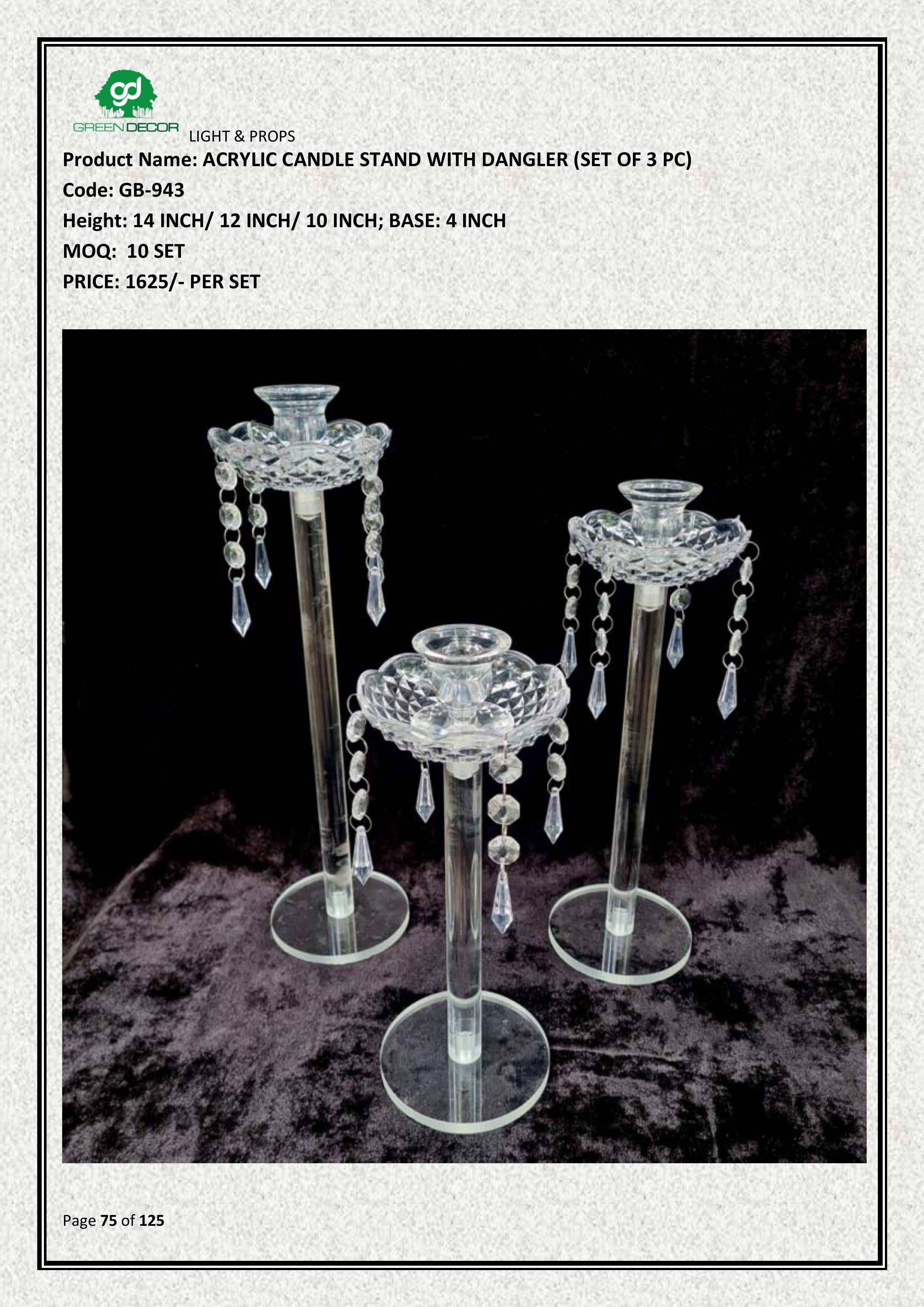 ACRYLIC CANDLE STAND WITH DANGLER (SET OF 3 PC)