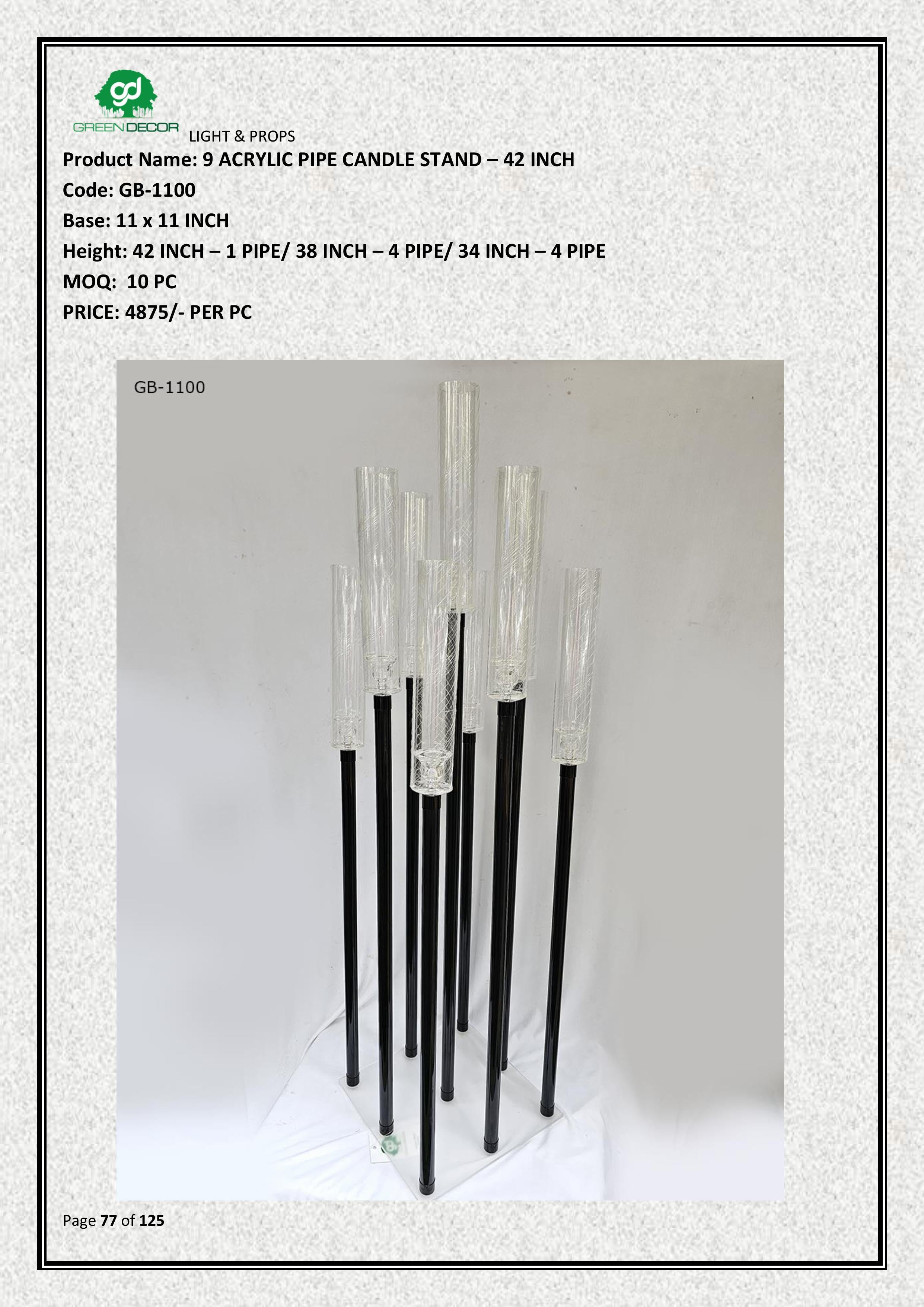 9 ACRYLIC PIPE CANDLE STAND – 42 INCH