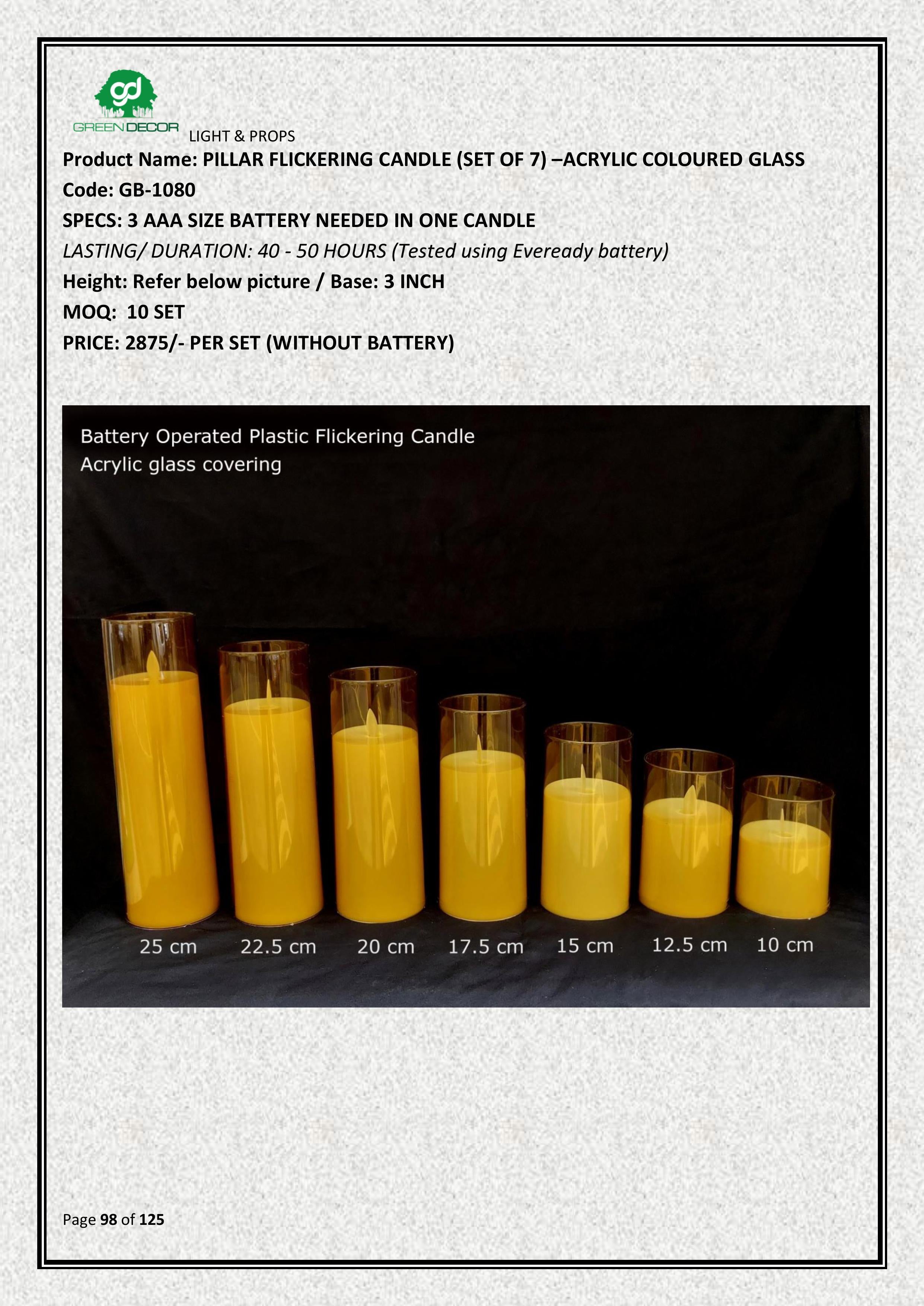 PILLAR FLICKERING CANDLE (SET OF 7) –ACRYLIC COLOURED GLASS