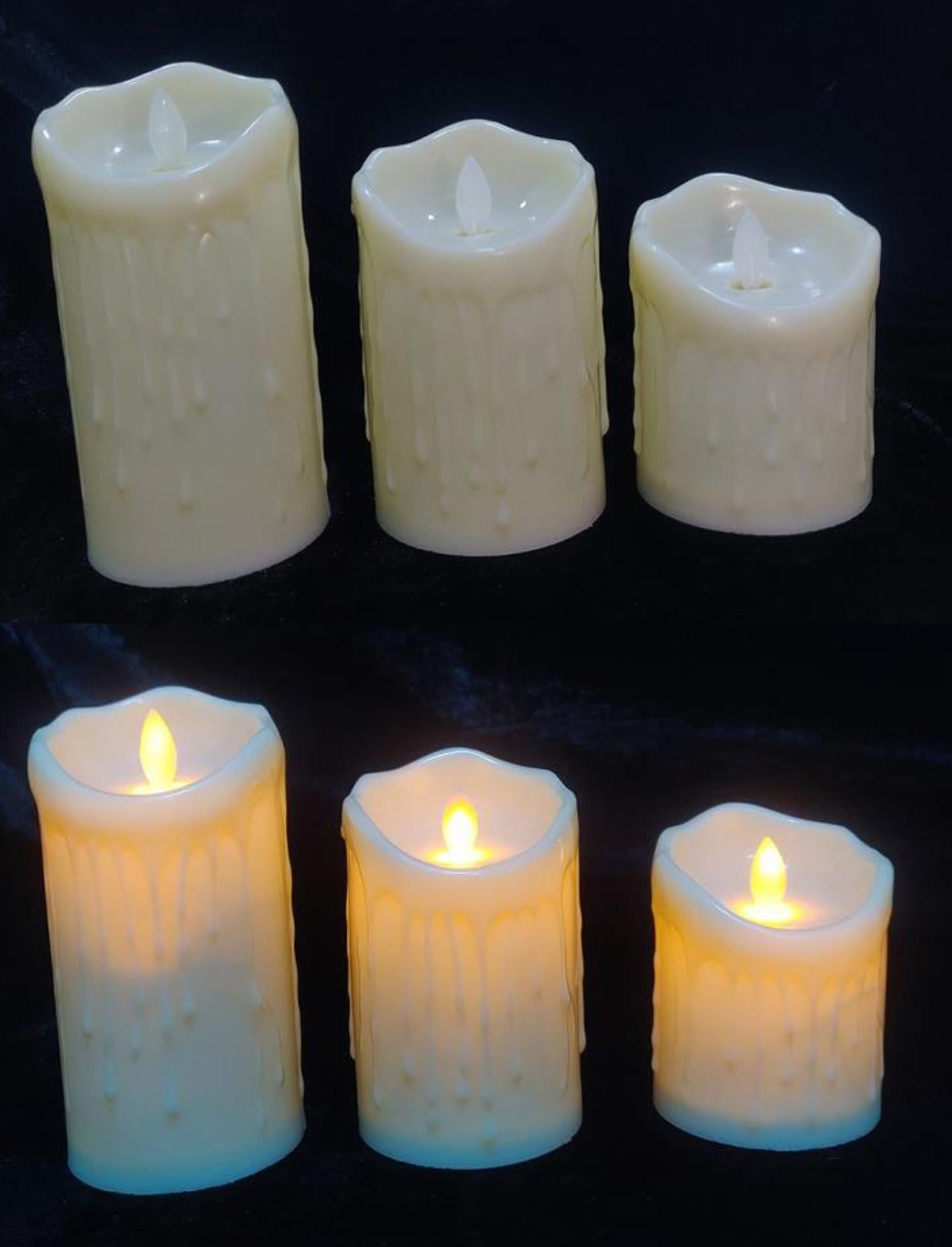 Set of three plastic pillar flickering candles with wax drip Ginni Bloom Mumbai India