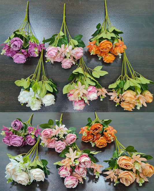 Artificial Ball Rose + Fillers Bunch x 7 (6 colours)